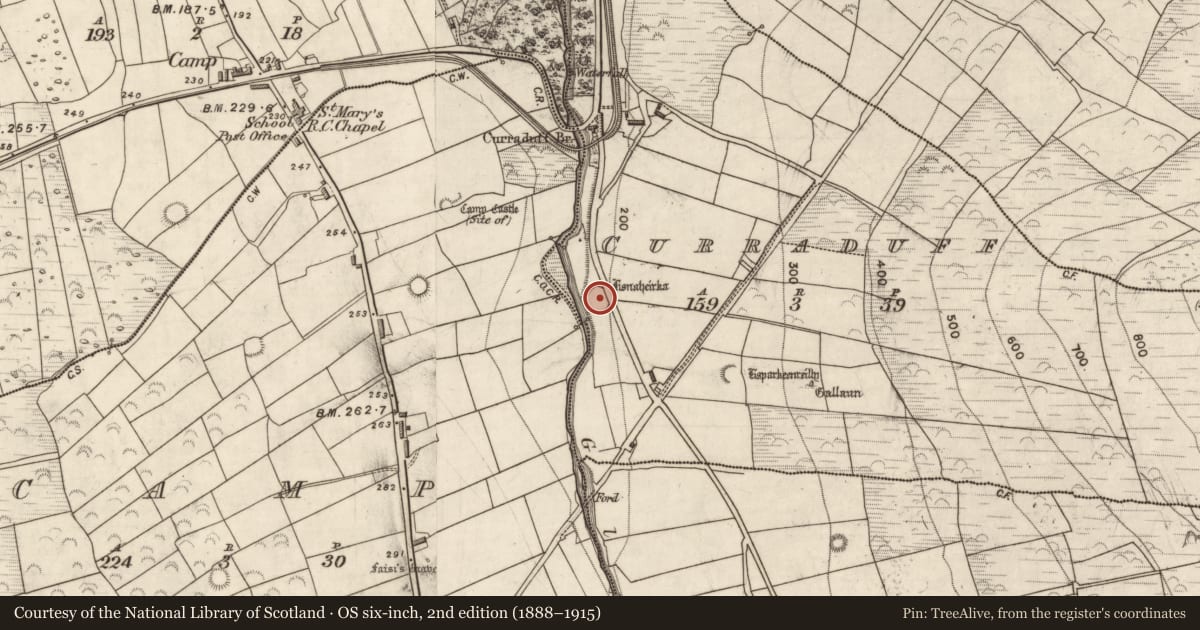 Ordnance Survey six-inch map, 2nd edition (1888–1915) covering the location of Souterrain, Curraduff, County Kerry, with a pin at the register's coordinates