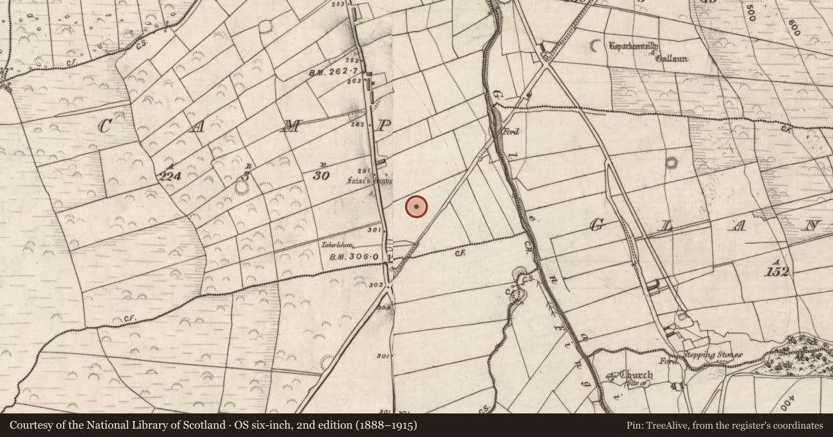 Ordnance Survey six-inch map, 2nd edition (1888–1915) covering the location of Enclosure, Camp, County Kerry, with a pin at the register's coordinates