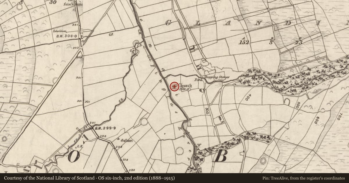 Ordnance Survey six-inch map, 2nd edition (1888–1915) covering the location of Church, Curracullenagh, County Kerry, with a pin at the register's coordinates