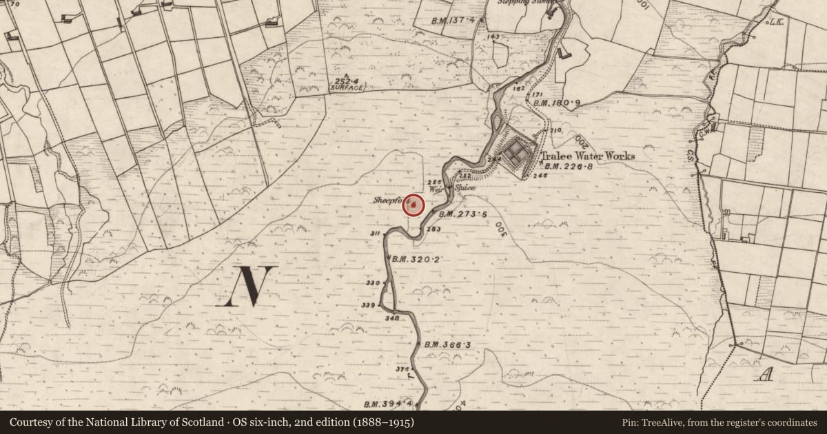 Ordnance Survey six-inch map, 2nd edition (1888–1915) covering the location of Enclosure, Curraheen, County Kerry, with a pin at the register's coordinates