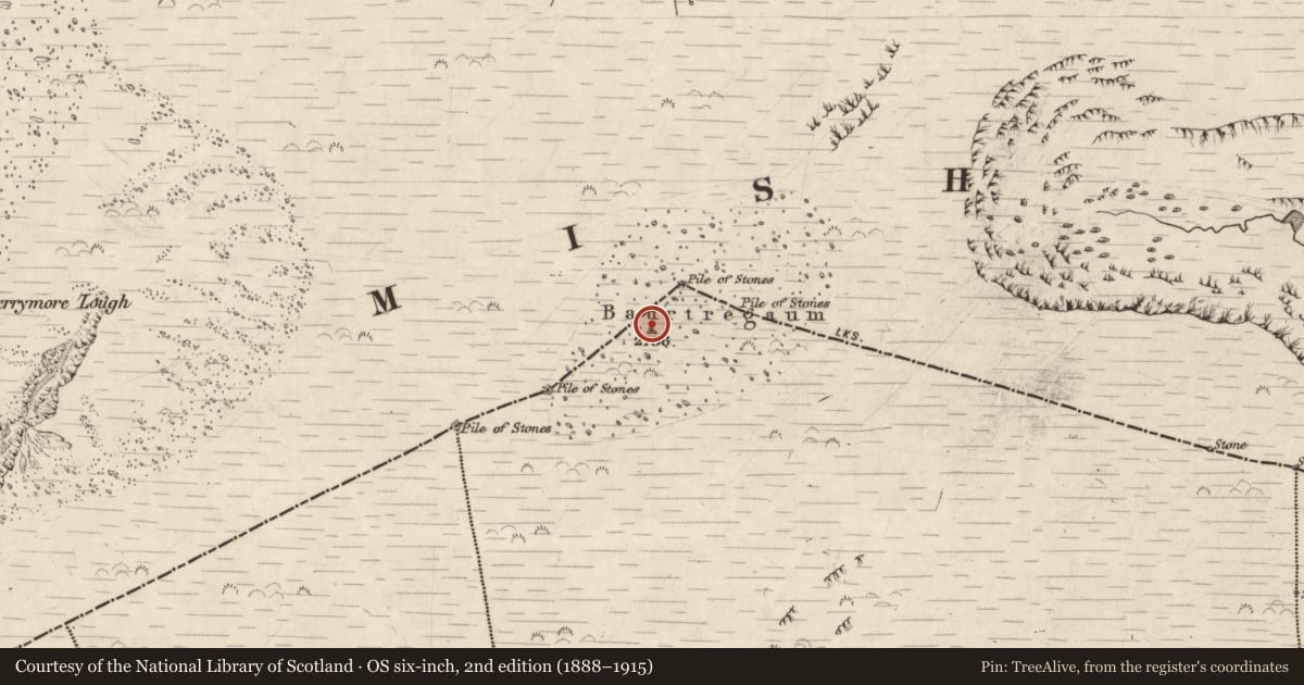 Ordnance Survey six-inch map, 2nd edition (1888–1915) covering the location of Enclosure, Shanakeal, County Kerry, with a pin at the register's coordinates