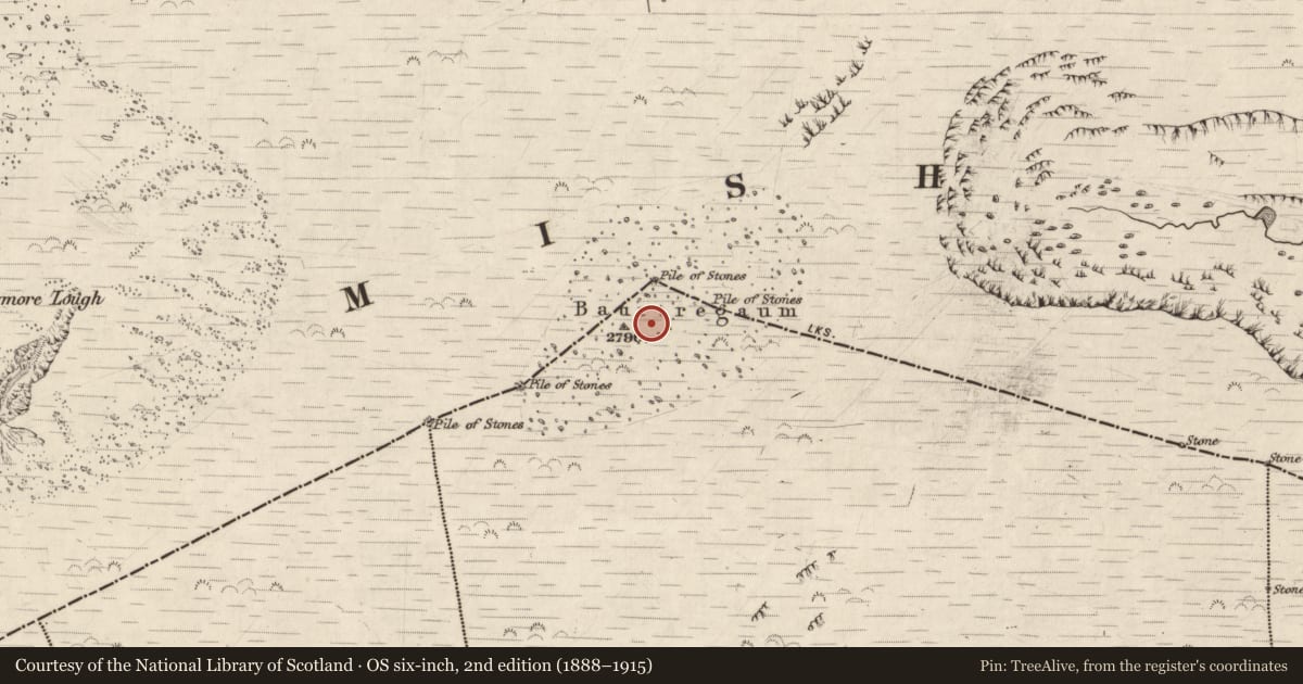 Ordnance Survey six-inch map, 2nd edition (1888–1915) covering the location of Enclosure, Shanakeal, County Kerry, with a pin at the register's coordinates
