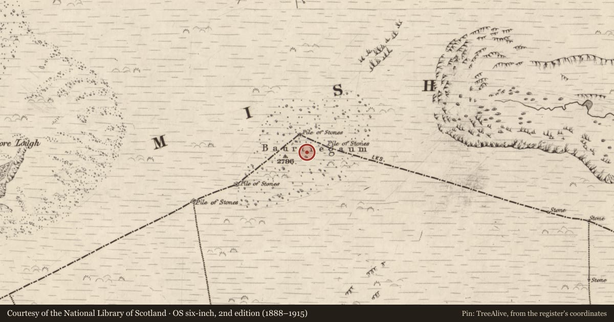 Ordnance Survey six-inch map, 2nd edition (1888–1915) covering the location of Enclosure, Shanakeal, County Kerry, with a pin at the register's coordinates