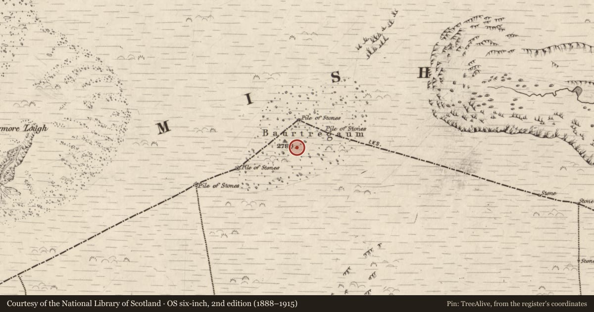 Ordnance Survey six-inch map, 2nd edition (1888–1915) covering the location of Enclosure, Shanakeal, County Kerry, with a pin at the register's coordinates