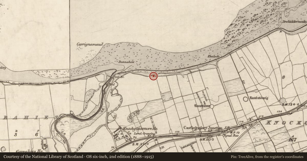 Ordnance Survey six-inch map, 2nd edition (1888–1915) covering the location of Souterrain, Knockglass More, County Kerry, with a pin at the register's coordinates