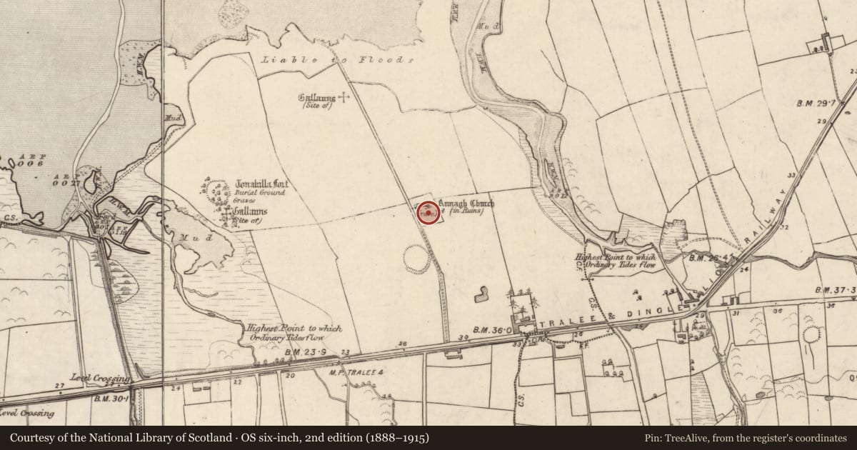 Ordnance Survey six-inch map, 2nd edition (1888–1915) covering the location of Graveyard, Annagh, County Kerry, with a pin at the register's coordinates
