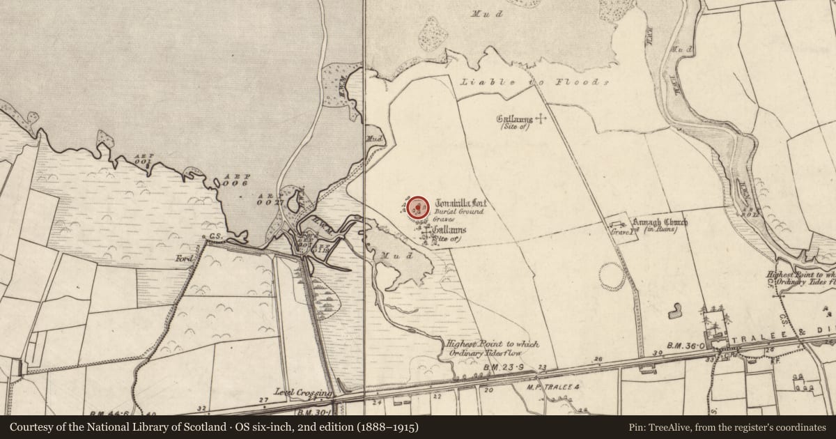 Ordnance Survey six-inch map, 2nd edition (1888–1915) covering the location of Ringfort - cashel, Annagh, County Kerry, with a pin at the register's coordinates
