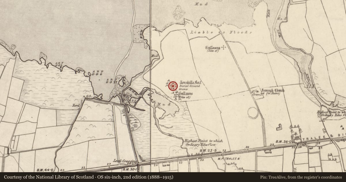 Ordnance Survey six-inch map, 2nd edition (1888–1915) covering the location of Standing stone, Annagh, County Kerry, with a pin at the register's coordinates