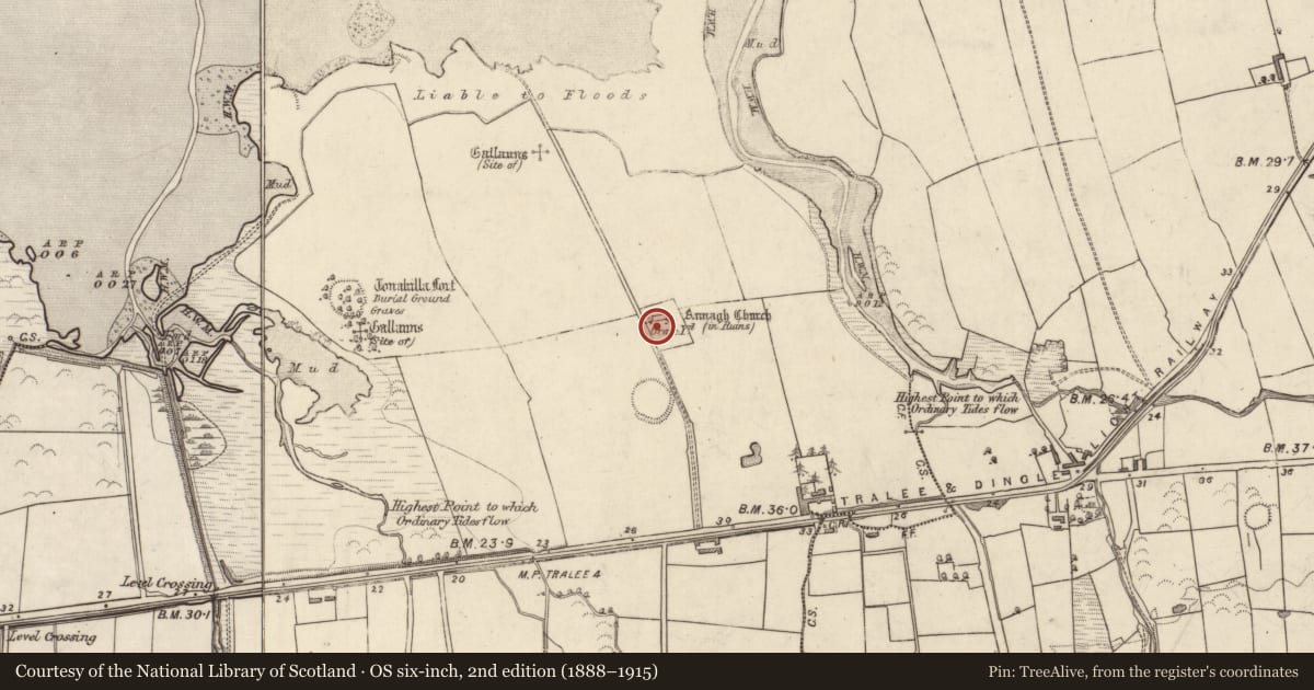 Ordnance Survey six-inch map, 2nd edition (1888–1915) covering the location of Architectural fragment, Annagh, County Kerry, with a pin at the register's coordinates