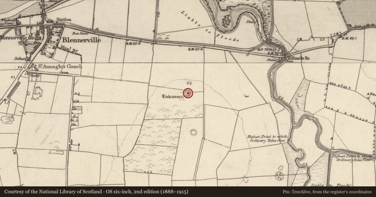 Ordnance Survey six-inch map, 2nd edition (1888–1915) covering the location of Enclosure, Ballydunlea, County Kerry, with a pin at the register's coordinates