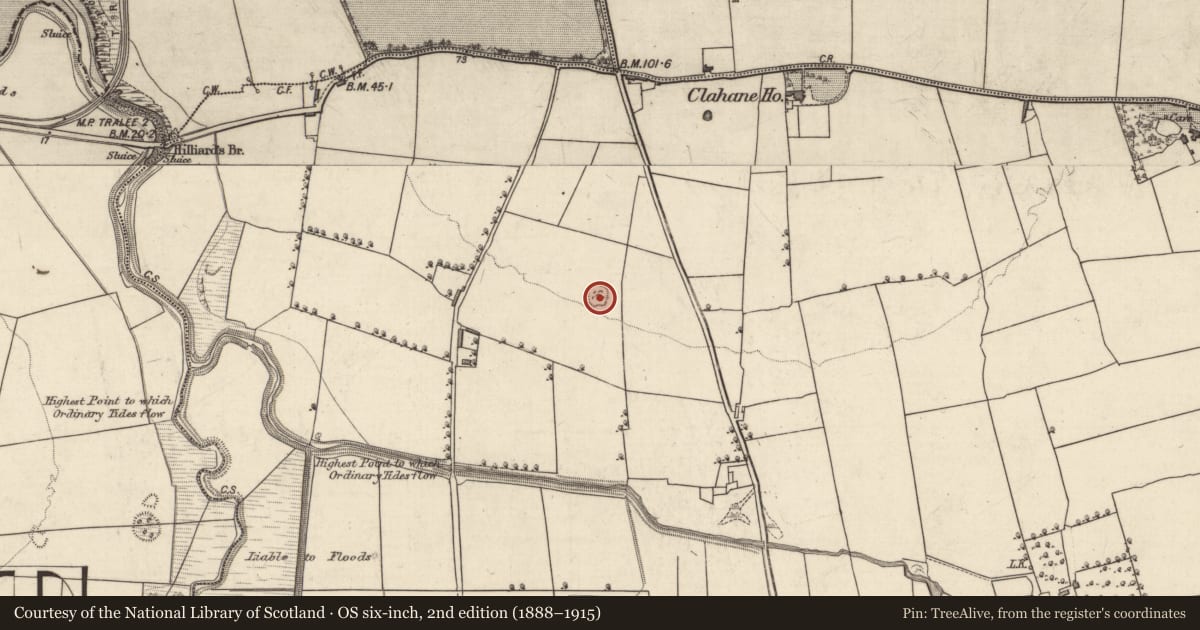 Ordnance Survey six-inch map, 2nd edition (1888–1915) covering the location of Earthwork, Clahane, County Kerry, with a pin at the register's coordinates
