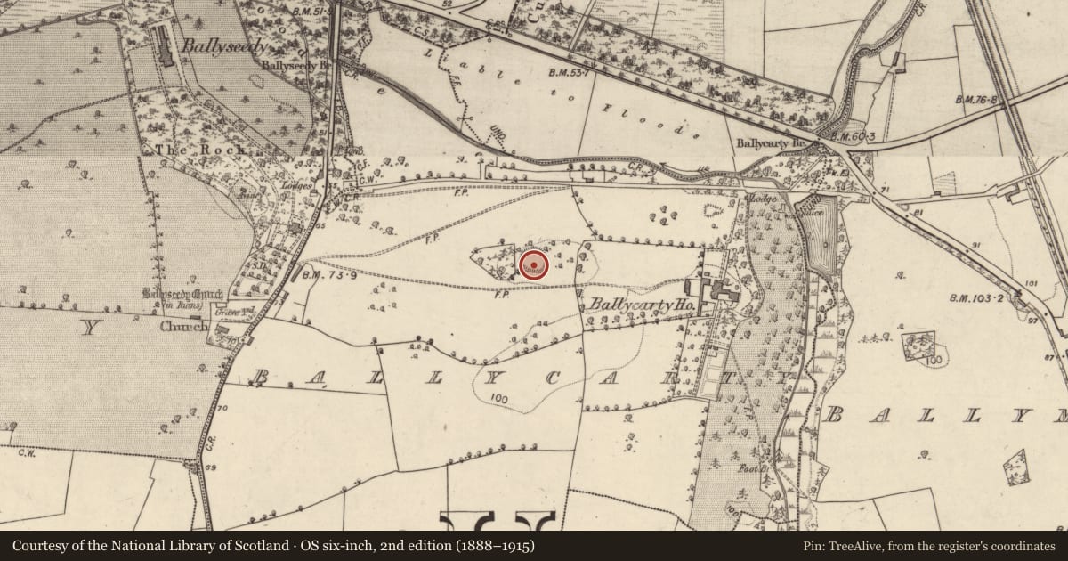 Ordnance Survey six-inch map, 2nd edition (1888–1915) covering the location of Enclosure, Ballycarty, County Kerry, with a pin at the register's coordinates