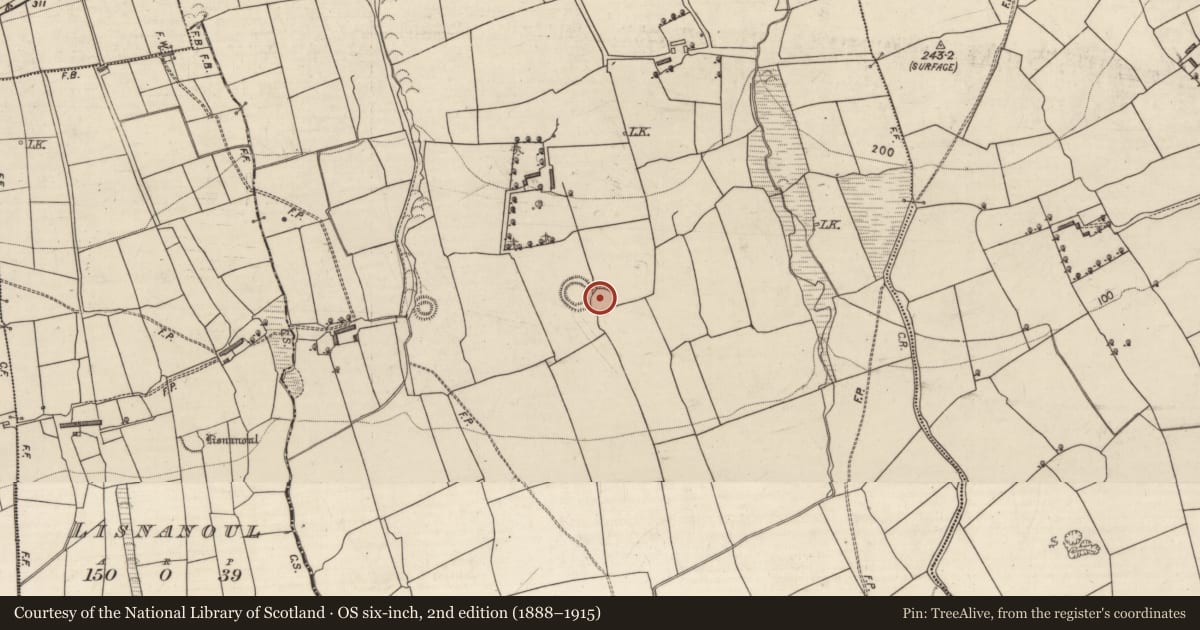 Ordnance Survey six-inch map, 2nd edition (1888–1915) covering the location of Ringfort - rath, Knockbrack, County Kerry, with a pin at the register's coordinates