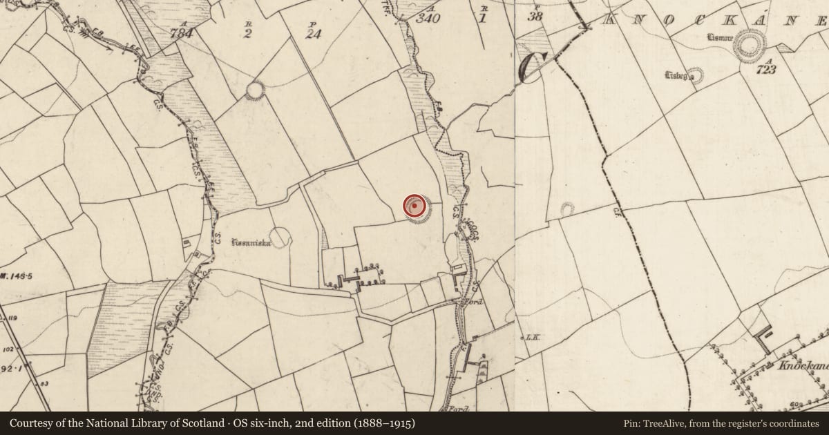Ordnance Survey six-inch map, 2nd edition (1888–1915) covering the location of Enclosure, Curraghmore West, County Kerry, with a pin at the register's coordinates