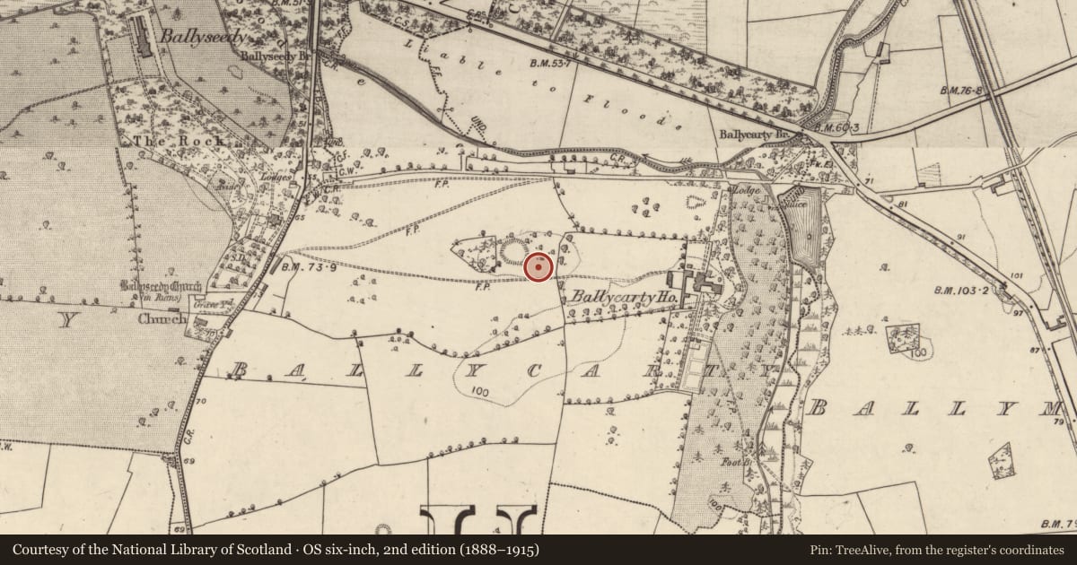 Ordnance Survey six-inch map, 2nd edition (1888–1915) covering the location of Enclosure, Ballycarty, County Kerry, with a pin at the register's coordinates