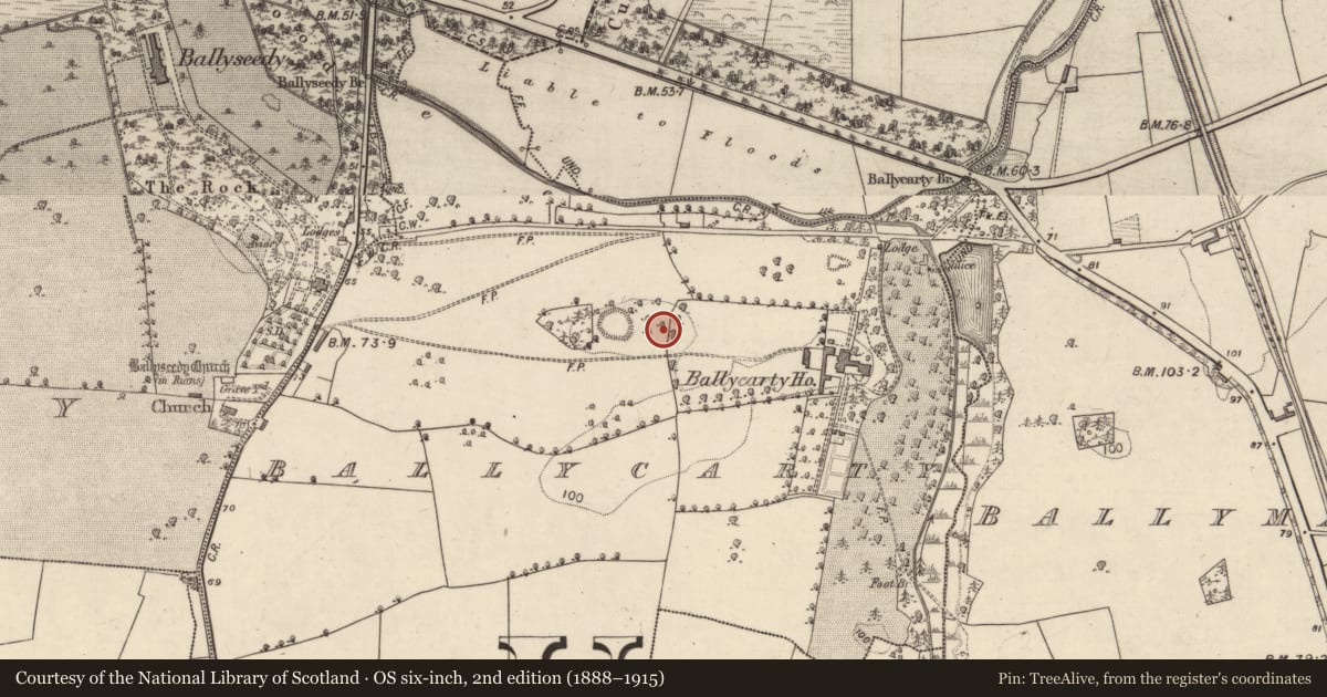 Ordnance Survey six-inch map, 2nd edition (1888–1915) covering the location of Enclosure, Ballycarty, County Kerry, with a pin at the register's coordinates