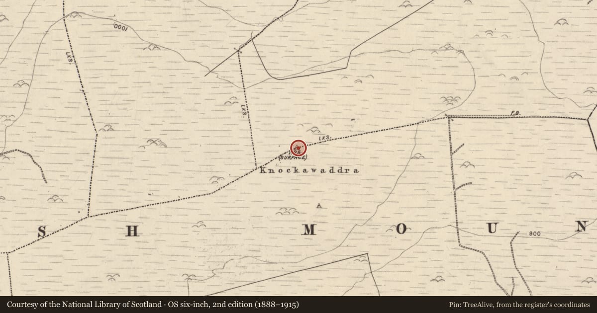 Ordnance Survey six-inch map, 2nd edition (1888–1915) covering the location of Cairn - unclassified, Ballygamboon Upper, Poulawaddra, County Kerry, with a pin at the register's coordinates
