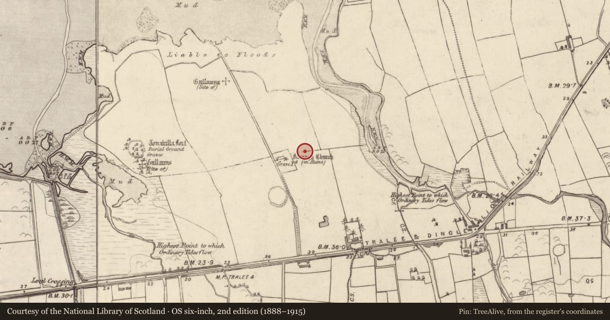 Ordnance Survey six-inch map, 2nd edition (1888–1915) covering the location of Enclosure, Annagh, County Kerry, with a pin at the register's coordinates