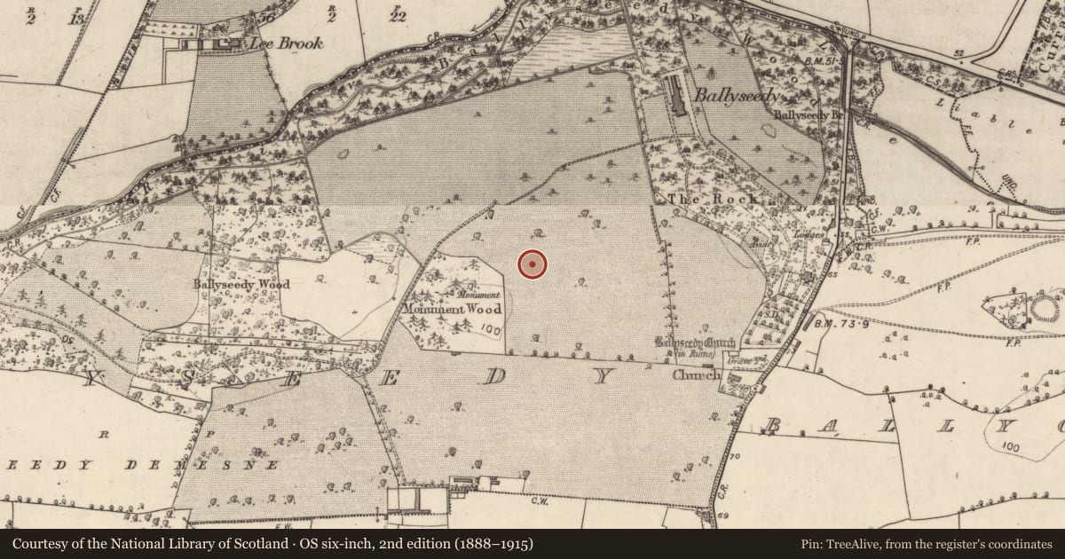 Ordnance Survey six-inch map, 2nd edition (1888–1915) covering the location of Embanked enclosure, Ballyseedy, County Kerry, with a pin at the register's coordinates