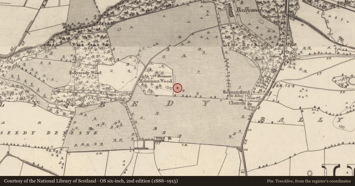 Ordnance Survey six-inch map, 2nd edition (1888–1915) covering the location of Barrow - ring-barrow, Ballyseedy, County Kerry, with a pin at the register's coordinates