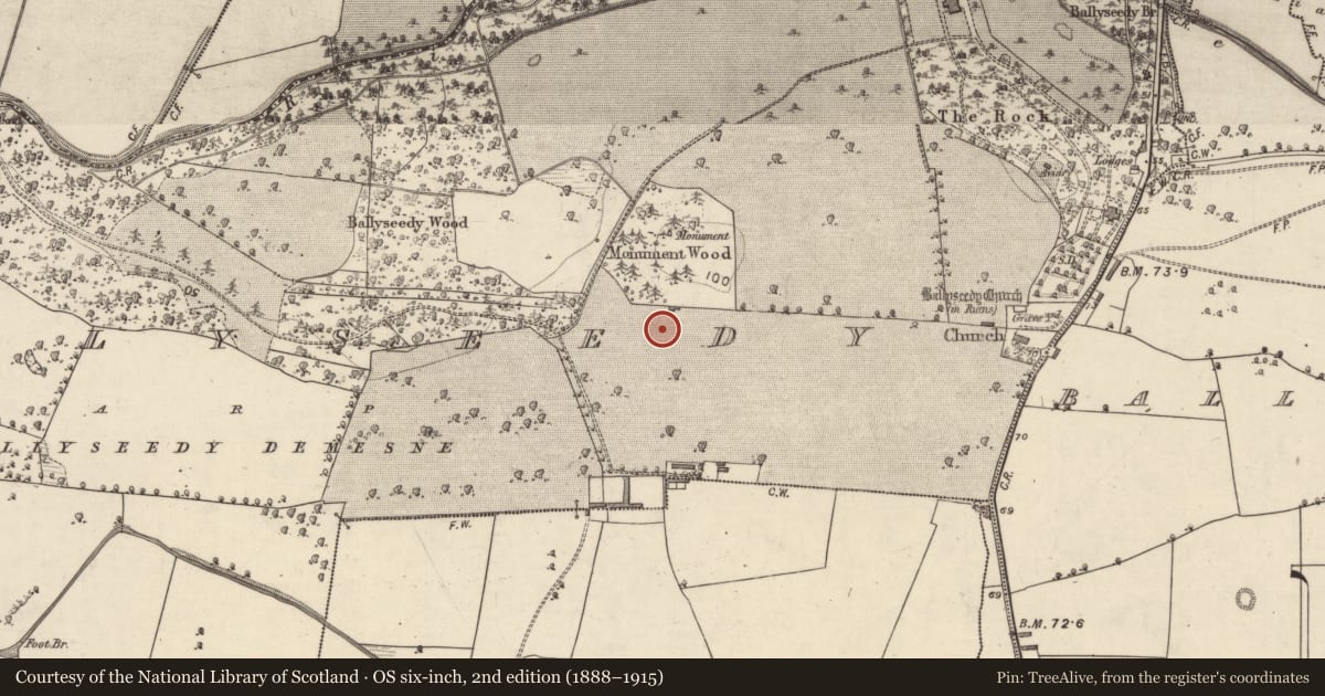 Ordnance Survey six-inch map, 2nd edition (1888–1915) covering the location of Enclosure, Ballyseedy, County Kerry, with a pin at the register's coordinates