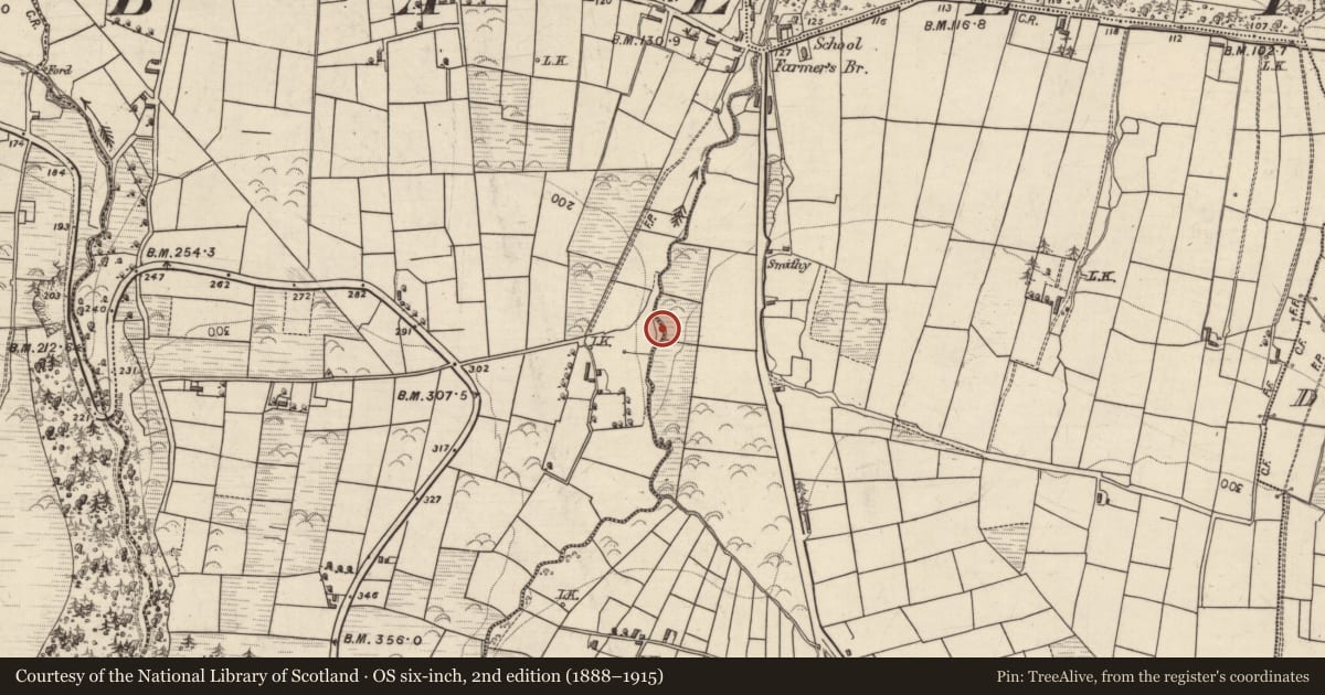 Ordnance Survey six-inch map, 2nd edition (1888–1915) covering the location of Burnt mound, Lissardboola, County Kerry, with a pin at the register's coordinates