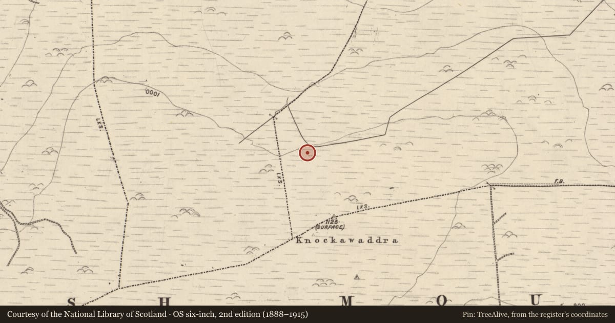 Ordnance Survey six-inch map, 2nd edition (1888–1915) covering the location of Burnt mound, Poulawaddra, County Kerry, with a pin at the register's coordinates