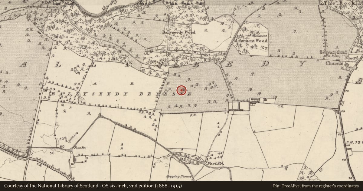 Ordnance Survey six-inch map, 2nd edition (1888–1915) covering the location of Enclosure, Ballyseedy, County Kerry, with a pin at the register's coordinates