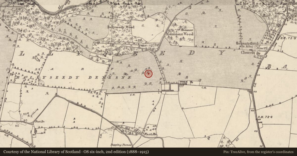 Ordnance Survey six-inch map, 2nd edition (1888–1915) covering the location of Enclosure, Ballyseedy, County Kerry, with a pin at the register's coordinates