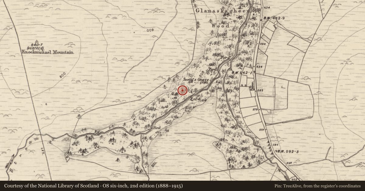 Ordnance Survey six-inch map, 2nd edition (1888–1915) covering the location of Hut site, Clahane, County Kerry, with a pin at the register's coordinates