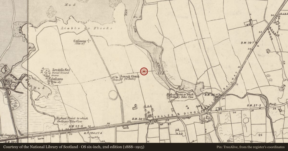Ordnance Survey six-inch map, 2nd edition (1888–1915) covering the location of Barrow - unclassified, Annagh, County Kerry, with a pin at the register's coordinates