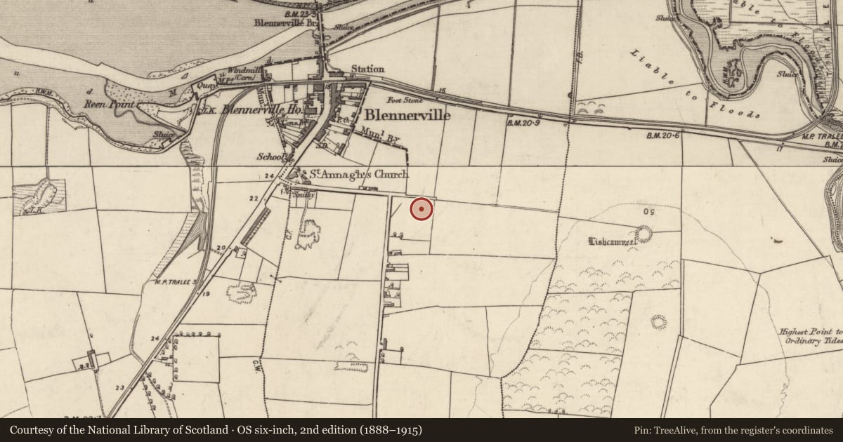 Ordnance Survey six-inch map, 2nd edition (1888–1915) covering the location of Mound, Blennerville, County Kerry, with a pin at the register's coordinates