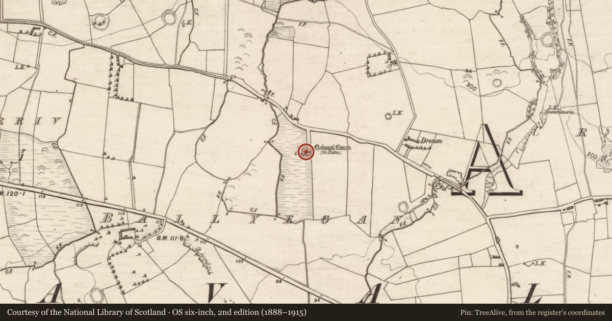 Ordnance Survey six-inch map, 2nd edition (1888–1915) covering the location of Church, Ballyegan, County Kerry, with a pin at the register's coordinates