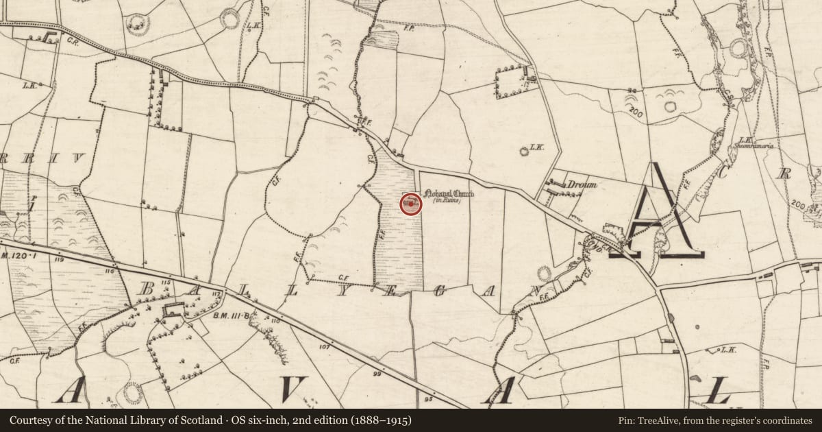 Ordnance Survey six-inch map, 2nd edition (1888–1915) covering the location of Graveyard, Ballyegan, County Kerry, with a pin at the register's coordinates