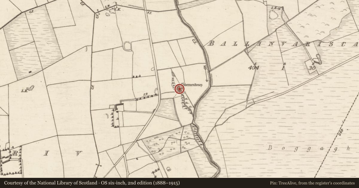Ordnance Survey six-inch map, 2nd edition (1888–1915) covering the location of Ritual site - holy well, Ballymacpierce, County Kerry, with a pin at the register's coordinates