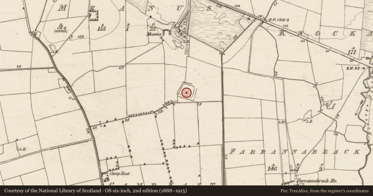 Ordnance Survey six-inch map, 2nd edition (1888–1915) covering the location of Moated site, Meanus, County Kerry, with a pin at the register's coordinates