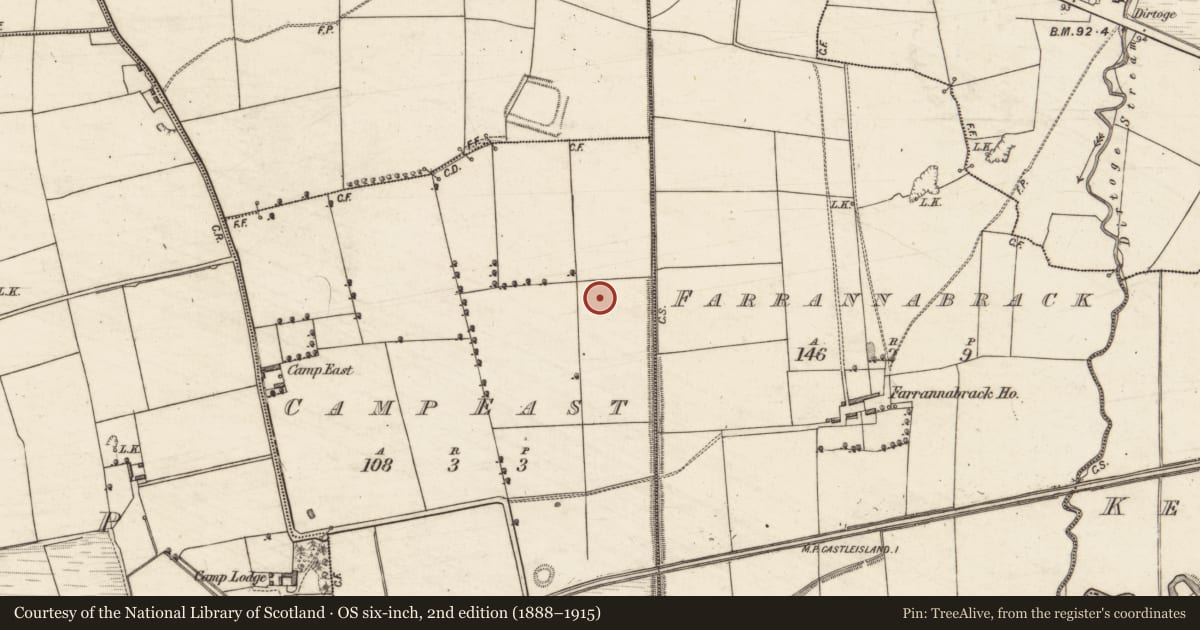 Ordnance Survey six-inch map, 2nd edition (1888–1915) covering the location of Enclosure, Camp East, County Kerry, with a pin at the register's coordinates