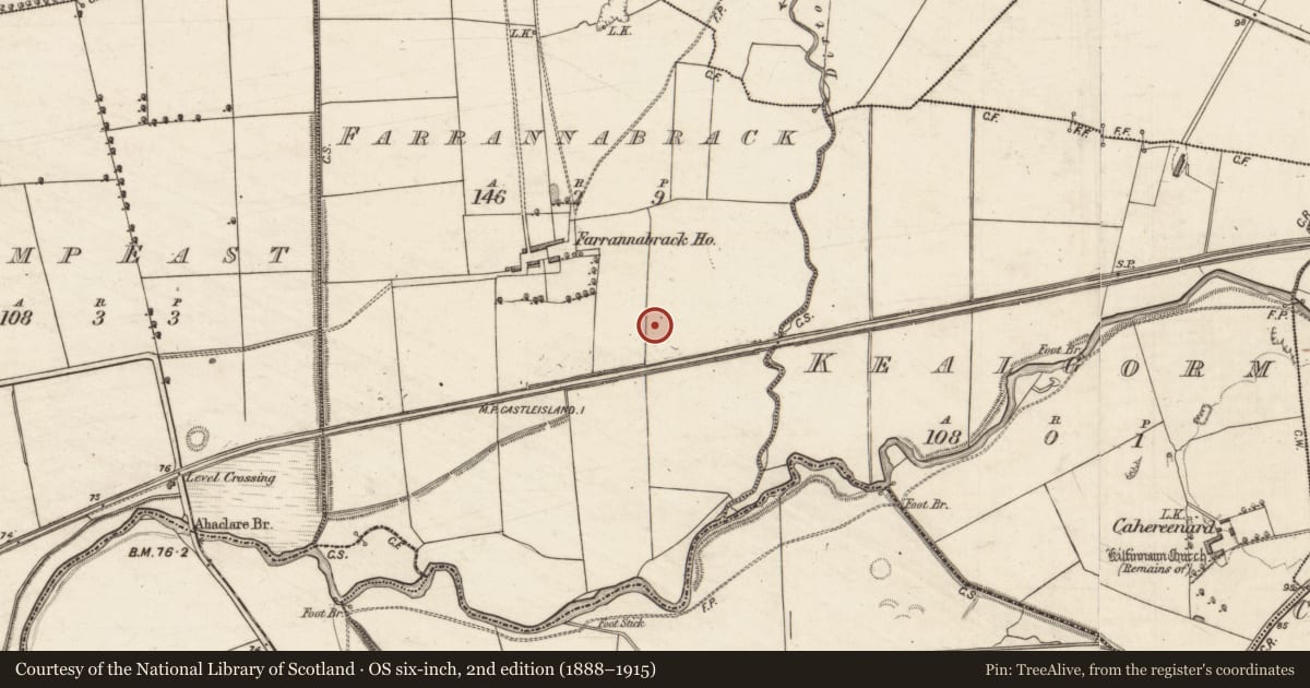 Ordnance Survey six-inch map, 2nd edition (1888–1915) covering the location of Enclosure, Farrannabrack, County Kerry, with a pin at the register's coordinates
