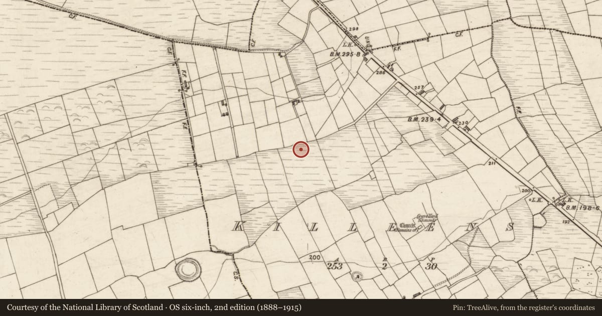 Ordnance Survey six-inch map, 2nd edition (1888–1915) covering the location of Fulacht fia, Killeens, County Kerry, with a pin at the register's coordinates