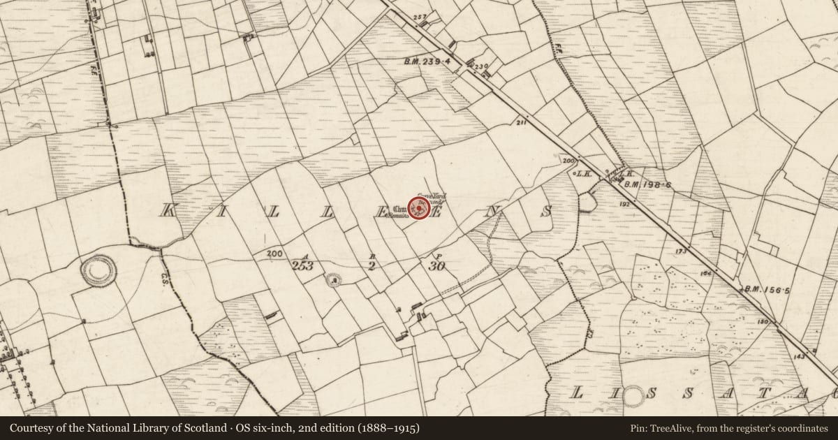 Ordnance Survey six-inch map, 2nd edition (1888–1915) covering the location of Souterrain, Killeens, County Kerry, with a pin at the register's coordinates