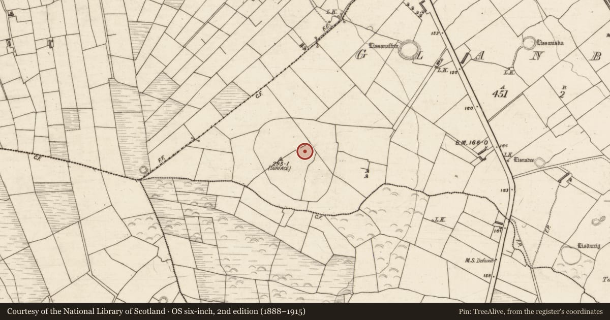 Ordnance Survey six-inch map, 2nd edition (1888–1915) covering the location of Hillfort, Glanbane, County Kerry, with a pin at the register's coordinates