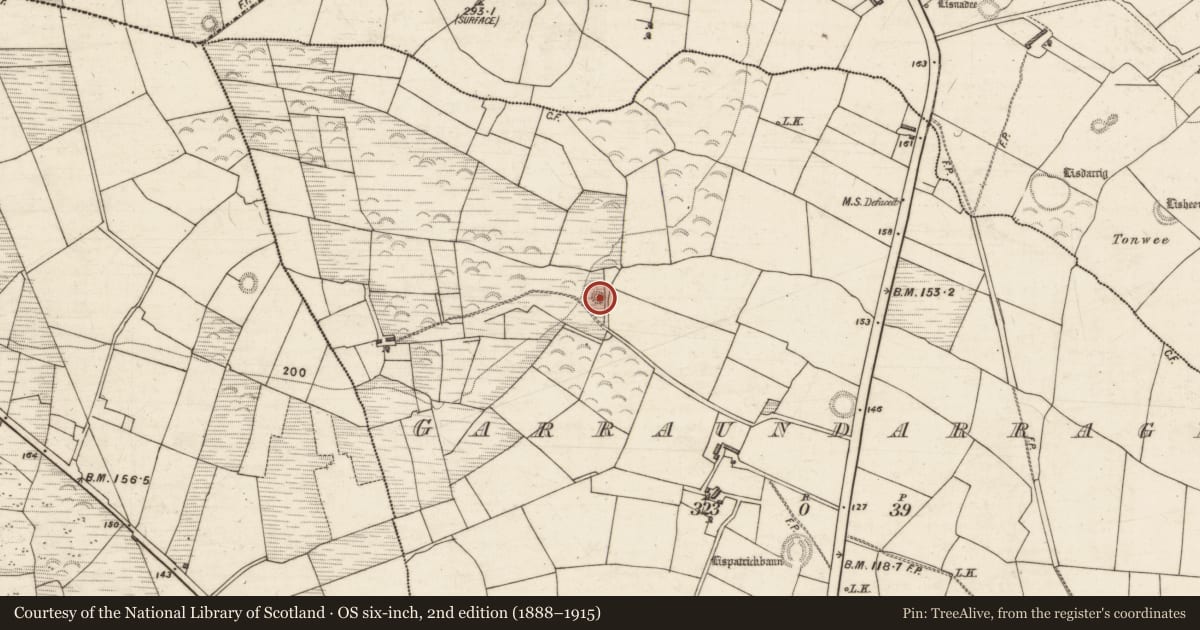 Ordnance Survey six-inch map, 2nd edition (1888–1915) covering the location of Enclosure, Garraundarragh, County Kerry, with a pin at the register's coordinates