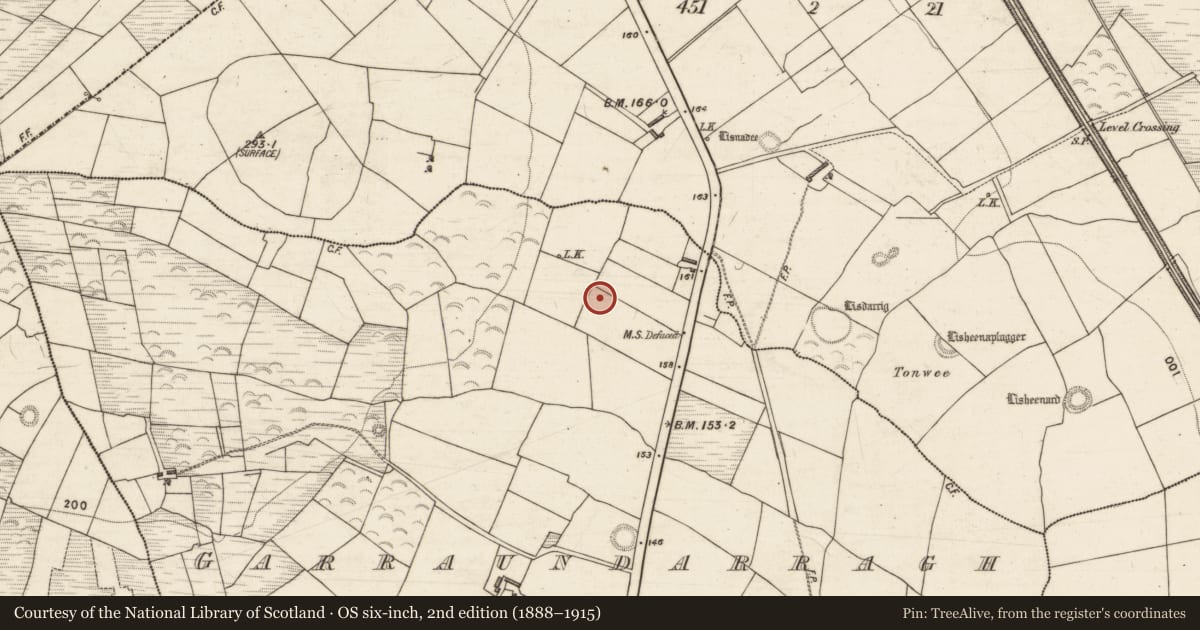 Ordnance Survey six-inch map, 2nd edition (1888–1915) covering the location of Fulacht fia, Garraundarragh, County Kerry, with a pin at the register's coordinates
