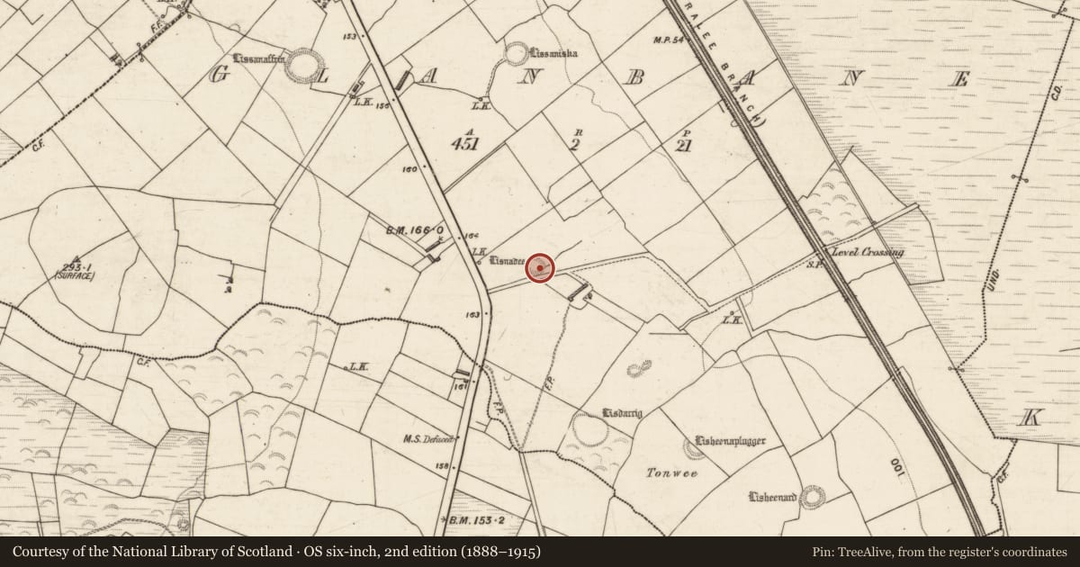 Ordnance Survey six-inch map, 2nd edition (1888–1915) covering the location of Ringfort - rath, Glanbane, County Kerry, with a pin at the register's coordinates