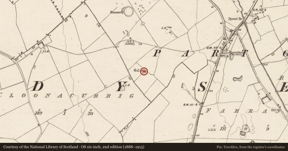 Ordnance Survey six-inch map, 2nd edition (1888–1915) covering the location of Standing stone, Kilcow, County Kerry, with a pin at the register's coordinates