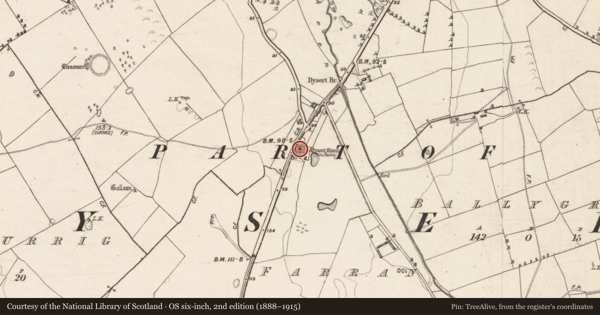 Ordnance Survey six-inch map, 2nd edition (1888–1915) covering the location of Church, Farran, County Kerry, with a pin at the register's coordinates