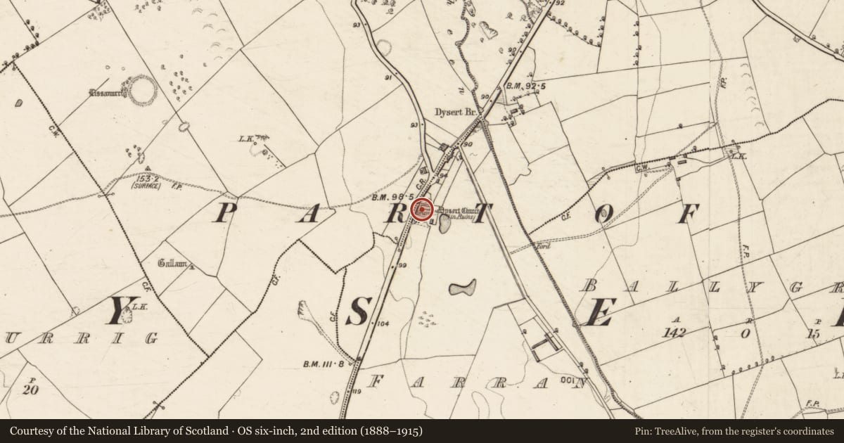Ordnance Survey six-inch map, 2nd edition (1888–1915) covering the location of Graveyard, Farran, County Kerry, with a pin at the register's coordinates