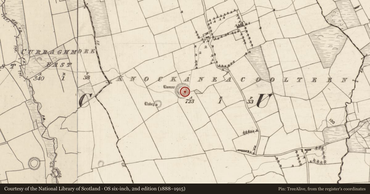 Ordnance Survey six-inch map, 2nd edition (1888–1915) covering the location of Souterrain, Knockaneacoolteen, County Kerry, with a pin at the register's coordinates