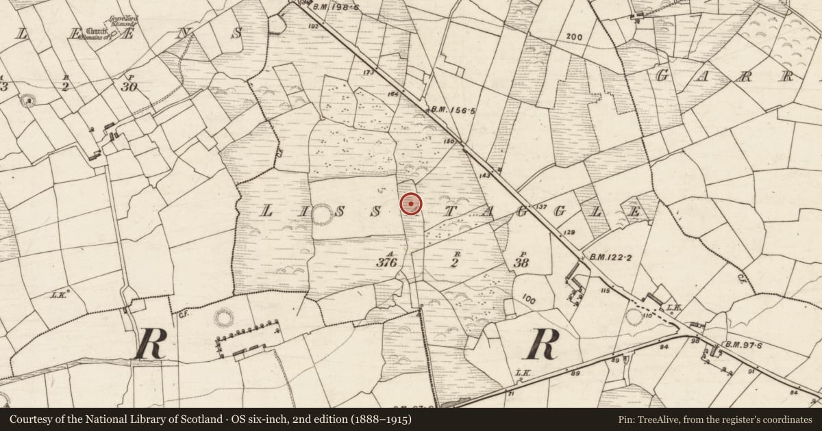 Ordnance Survey six-inch map, 2nd edition (1888–1915) covering the location of Fulacht fia, Lissataggle, County Kerry, with a pin at the register's coordinates
