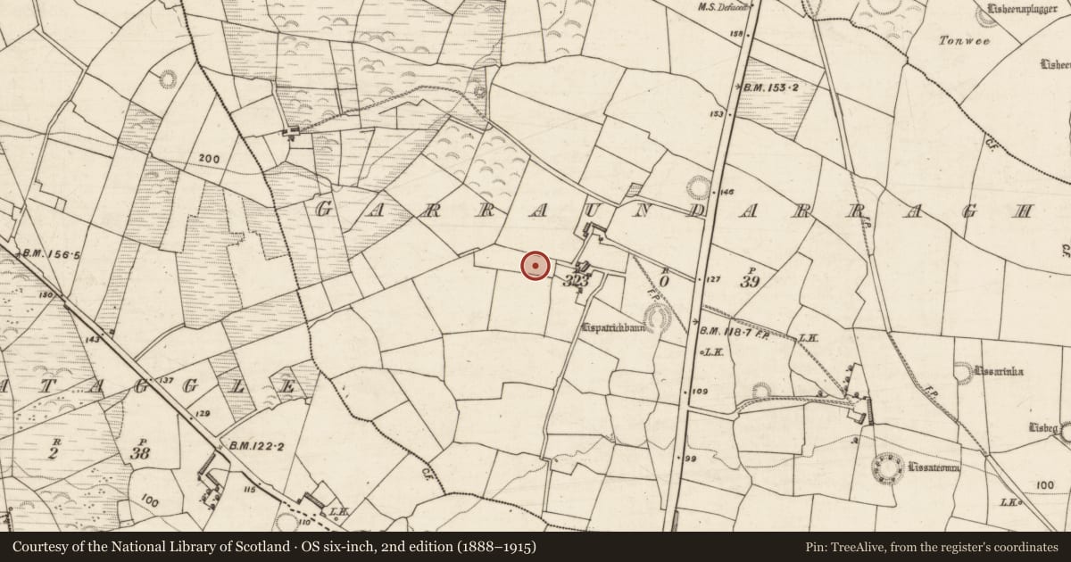 Ordnance Survey six-inch map, 2nd edition (1888–1915) covering the location of Standing stone, Garraundarragh, County Kerry, with a pin at the register's coordinates